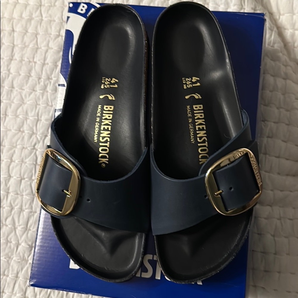 Birkenstock Navy Blue Sandals with Gold Buckle